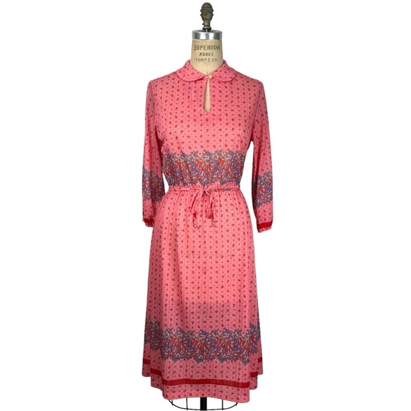 Vintage Dresses & Skirts - Vintage Women's Floral Long Sleeve Midi Dress Small Pink Belted Peter Pan Collar